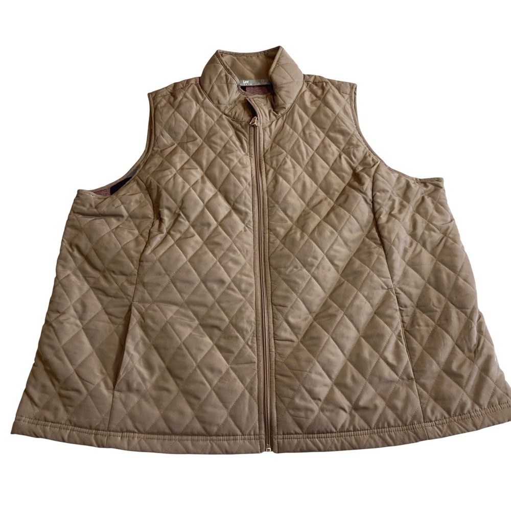 Lee‎ Riders Womens 2X Quilted Vest Tan Full Zip Plaid Lined Sleeveless Jacket